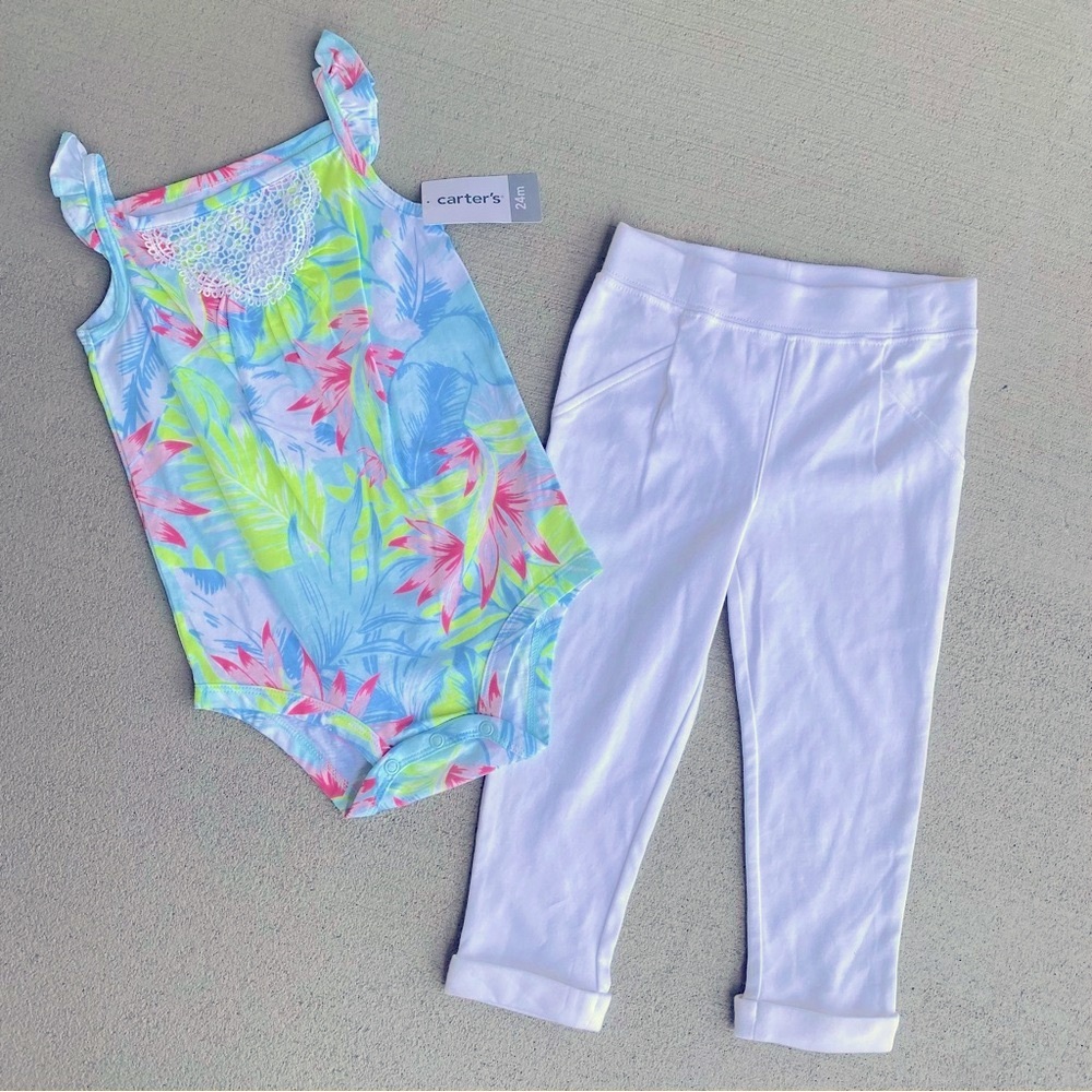 NEW Carter's 24 Month Girls Tropical Print Bodysuit and White Leggings Set
